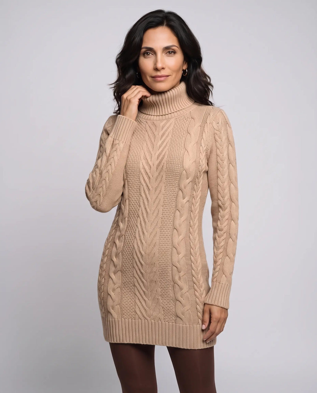 Rosie | Women’s Cable Knit Mini Sweater Dress | Jumper Dress with Roll Neck and Long Sleeves-Dresses-Ellegamo