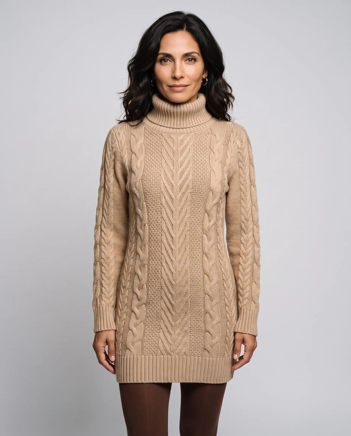 Rosie | Women’s Cable Knit Mini Sweater Dress | Jumper Dress with Roll Neck and Long Sleeves-Dresses-Ellegamo