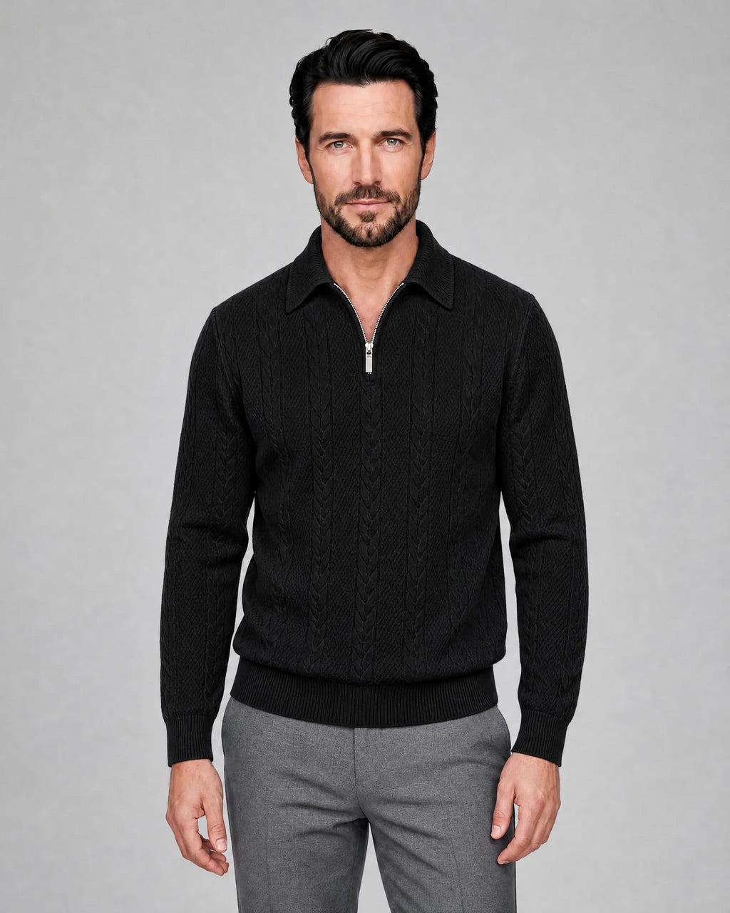 Thomas | Men’s Cable Knit Quarter Zip Sweater | Pullover Jumper with Fold-Over Collar and Ribbed Cuffs-Men Sweaters-Ellegamo
