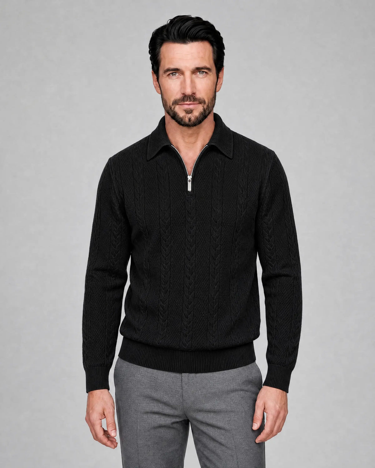 Thomas | Men’s Cable Knit Quarter Zip Sweater | Pullover Jumper with Fold-Over Collar and Ribbed Cuffs-Men Sweaters-Ellegamo