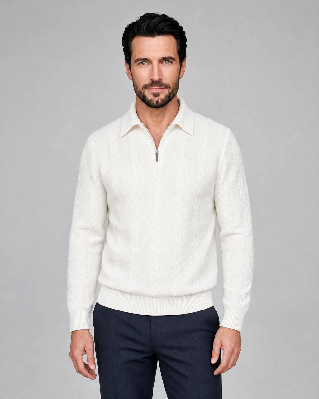 Thomas | Men’s Cable Knit Quarter Zip Sweater | Pullover Jumper with Fold-Over Collar and Ribbed Cuffs-Men Sweaters-Ellegamo