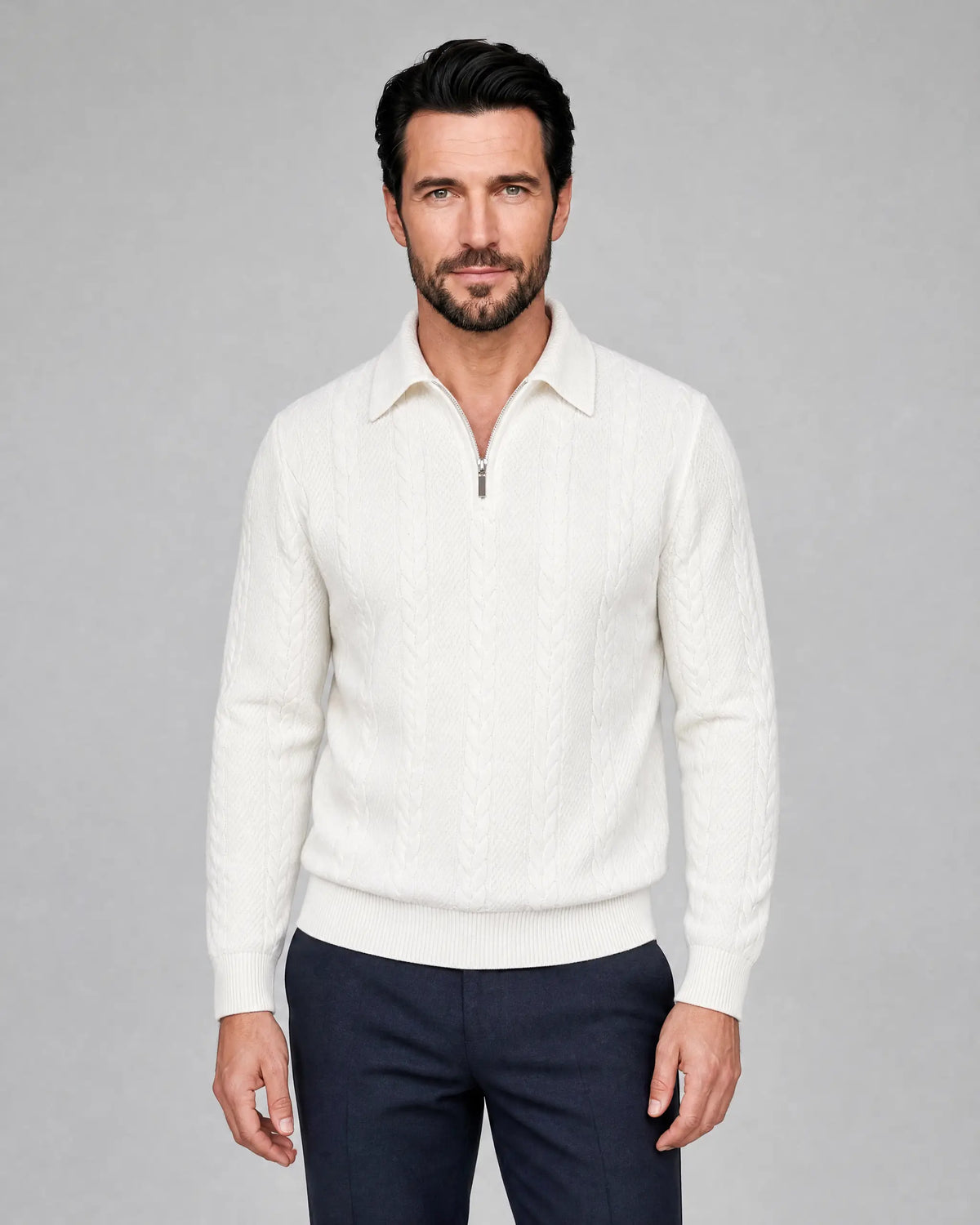 Thomas | Men’s Cable Knit Quarter Zip Sweater | Pullover Jumper with Fold-Over Collar and Ribbed Cuffs-Men Sweaters-Ellegamo